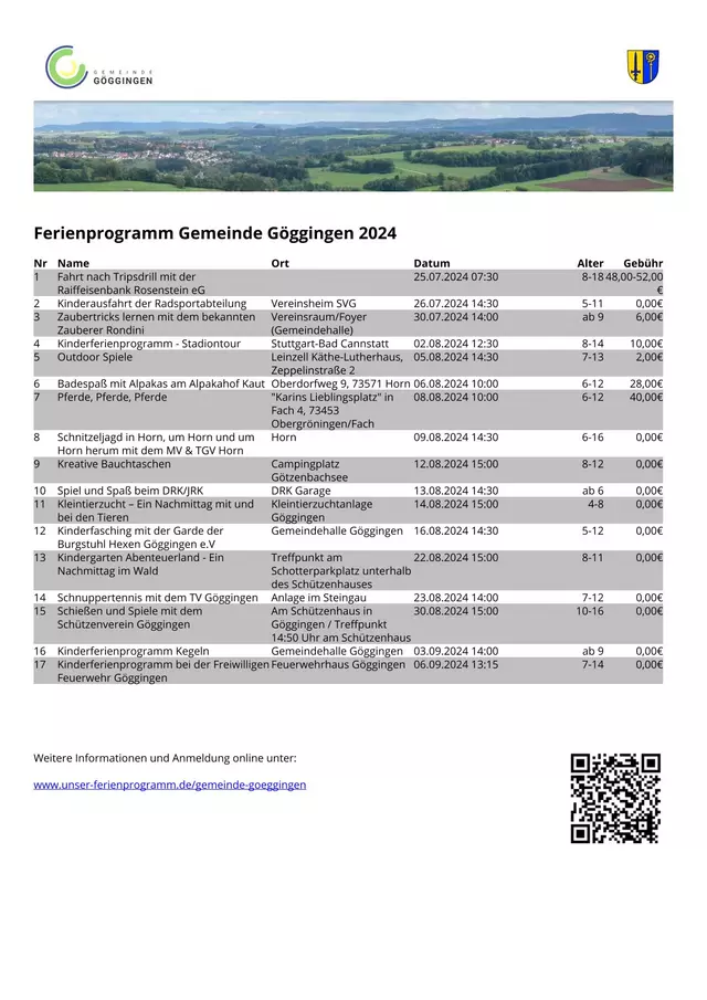 alle Programmpunkte für das Ferienprogramm 2024